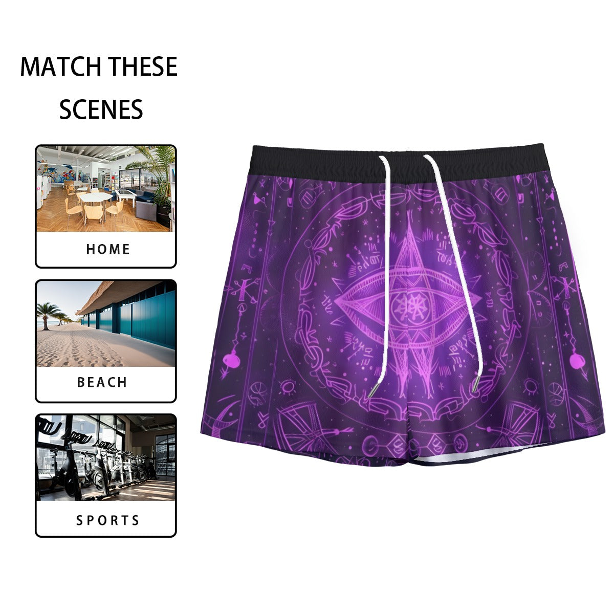 Mystical Fantasy Men's Shorts, Arcane Magic Symbol Shorts, Witchcore Celestial Light Shorts, Vibrant Occult Energy Shorts, Esoteric Purple Spell Shorts