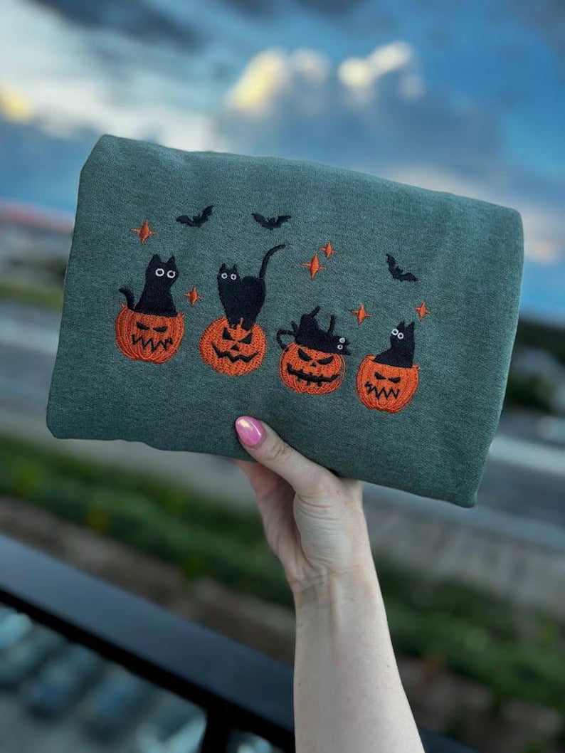 Embroidered Black Cat Halloween Sweatshirt, Pumpkin Jack O' Lantern, Cat Ghost Shirt, Halloween Gifts, Fall Sweatshirt for Women and Men EBAC05