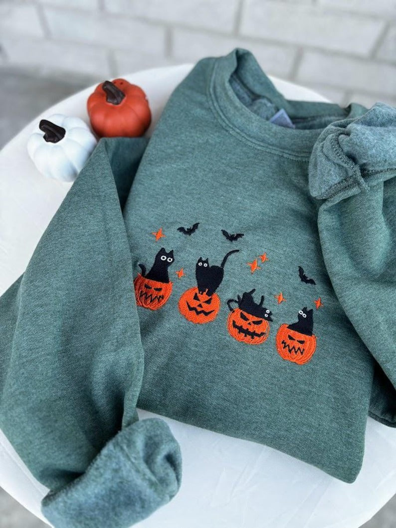 Embroidered Black Cat Halloween Sweatshirt, Pumpkin Jack O' Lantern, Cat Ghost Shirt, Halloween Gifts, Fall Sweatshirt for Women and Men EBAC05