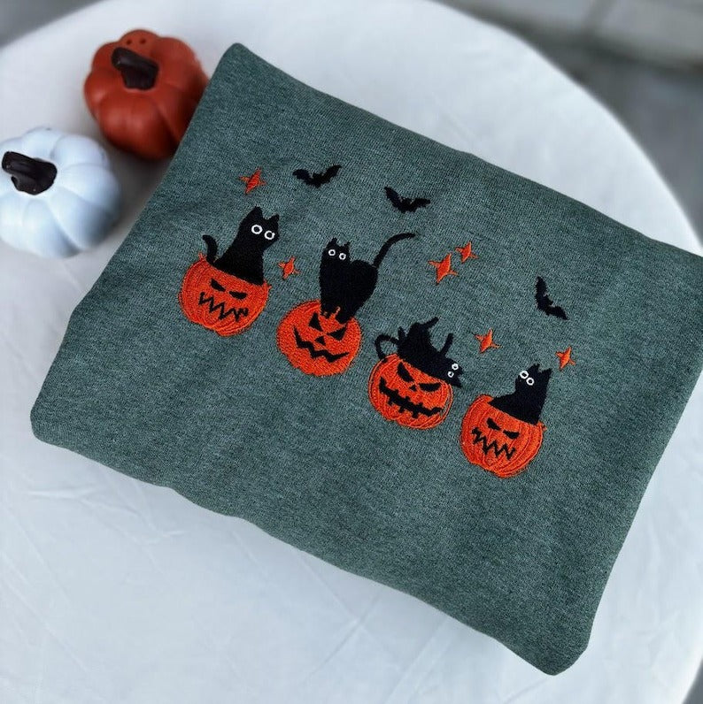 Embroidered Black Cat Halloween Sweatshirt, Pumpkin Jack O' Lantern, Cat Ghost Shirt, Halloween Gifts, Fall Sweatshirt for Women and Men EBAC05