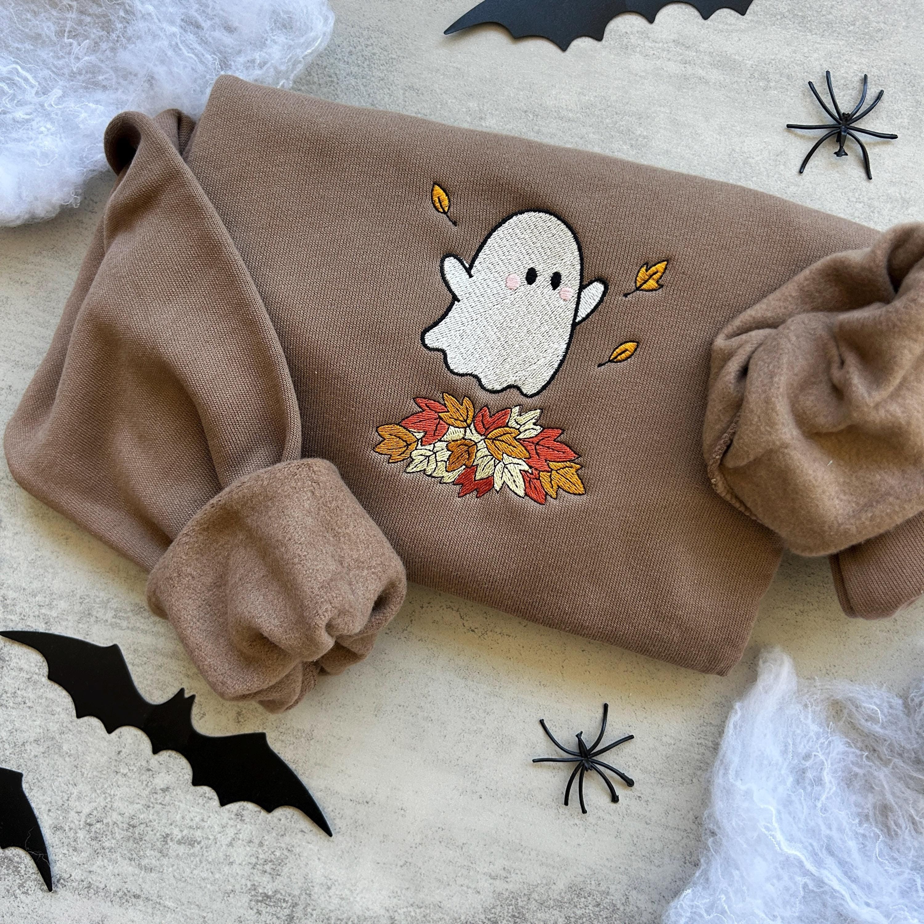 Embroidered Fall Ghost Sweatshirt, Autumn Cozy Season Sweatshirt, Halloween Embroidered Sweater, Halloween Sweatshirt, Fall Apparel EBAC06