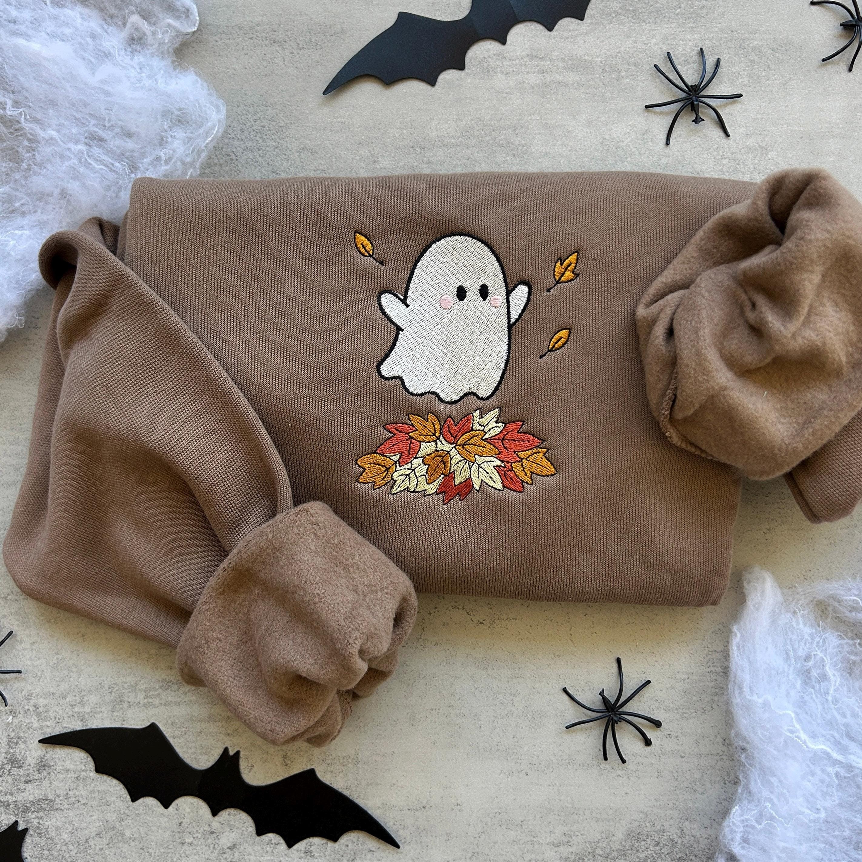 Embroidered Fall Ghost Sweatshirt, Autumn Cozy Season Sweatshirt, Halloween Embroidered Sweater, Halloween Sweatshirt, Fall Apparel EBAC06