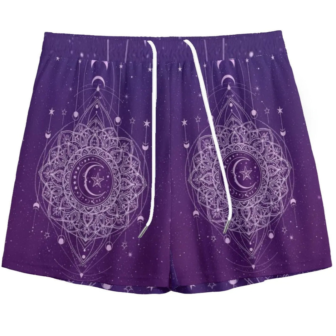 Mystic Lunar Mandala Shorts, Moon Phase Spiritual Bottoms, Celestial Lotus Print Shorts, Sacred Geometry Cosmic Wear, Boho Mystic Style
