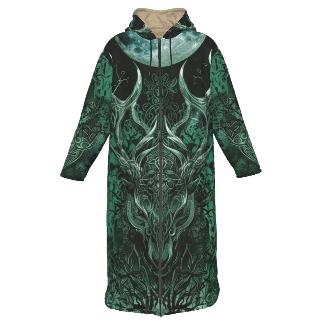 Viking Zip-Up Cloak with Antler Design – Norse Mythology Inspired Hooded Coat for Men & Women, Warm Fleece Lined, Medieval Fantasy Outerwear