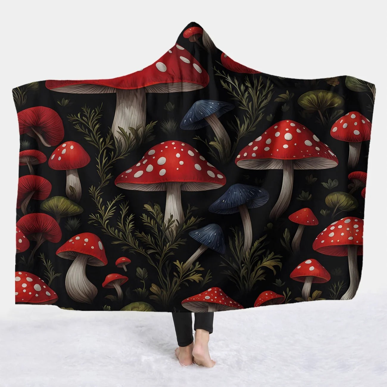 Mushroom Hooded Blanket, Red Toadstool Fungi Pattern, Cozy Warm Throw Blanket, Perfect Gift for Nature Lovers and Outdoor Use. BLKAC57