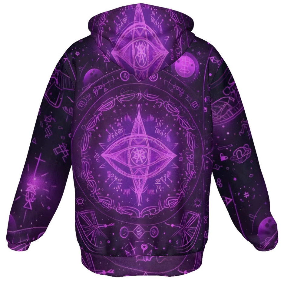Mystical Fantasy Zip Hoodie, Arcane Magic Symbol Zip Hoodie, Witchcore Celestial Light Zip Hoodie, Vibrant Occult Energy Zip Hoodie, Esoteric Purple Spell Zip Hoodie