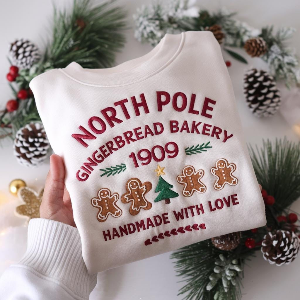 North Pole Gingerbread Bakery Embroidered Sweatshirt, Christmas Crewneck, Cute Holiday Sweater, Gingerbread Shirt, Xmas Gift EBAC52