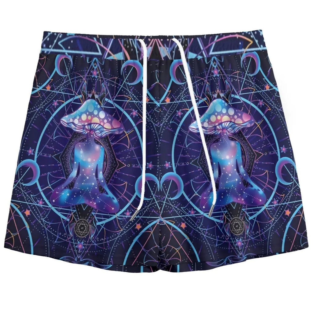 Mystic Mushroom Awakening Shorts, Psychedelic Spiritual Bottoms, Cosmic Mushroom Print Shorts, Visionary Art Festival Wear, Boho Mystic Style