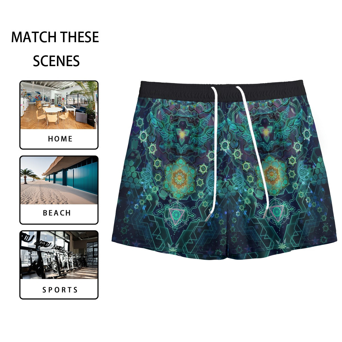 Yantric Geometry Men's Shorts, Sacred Mandala Energy Shorts, Mystic Geometric Light Shorts, Vibrant Spiritual Pattern Shorts, Celestial Yantra Shorts