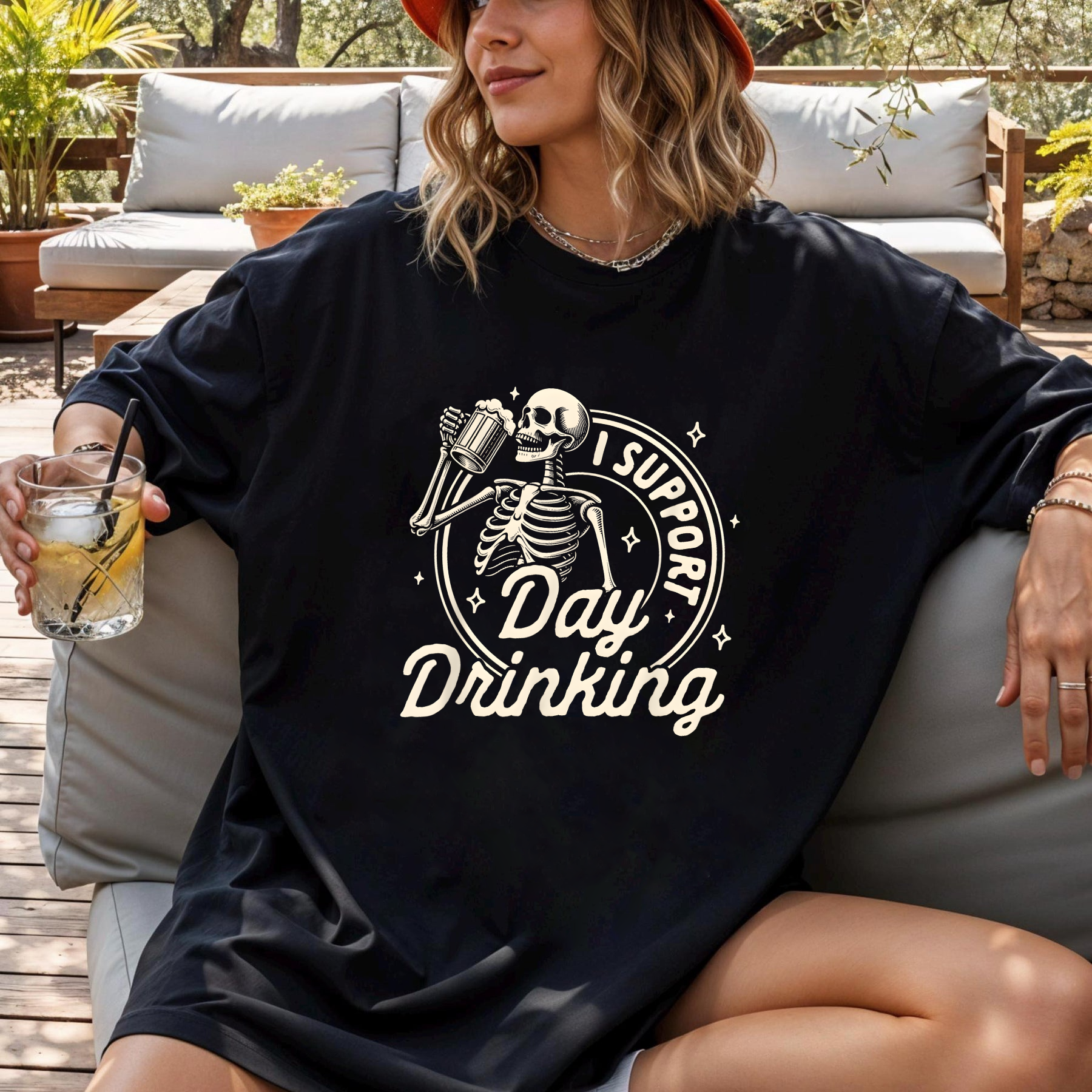 Funny Skeleton Drinking Shirt, I Support Day Drinking Tee, Beer Lover Graphic T-Shirt, Halloween Party Shirt, Casual Drinking Tee