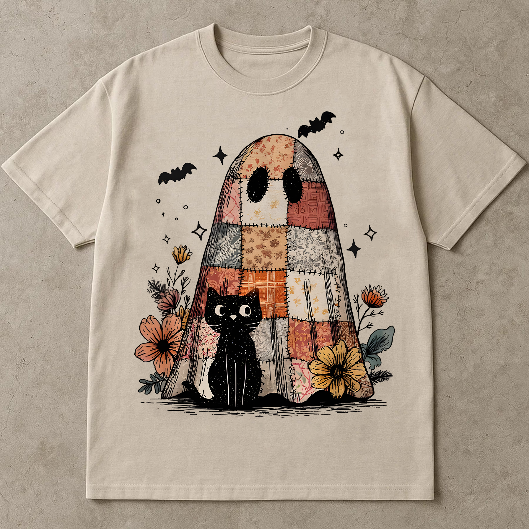 Retro Halloween Shirt, Patchwork Ghost and Cat Tee, Spooky Floral Halloween Shirt, Funny Fall Shirt, Black Cat Graphic Tee