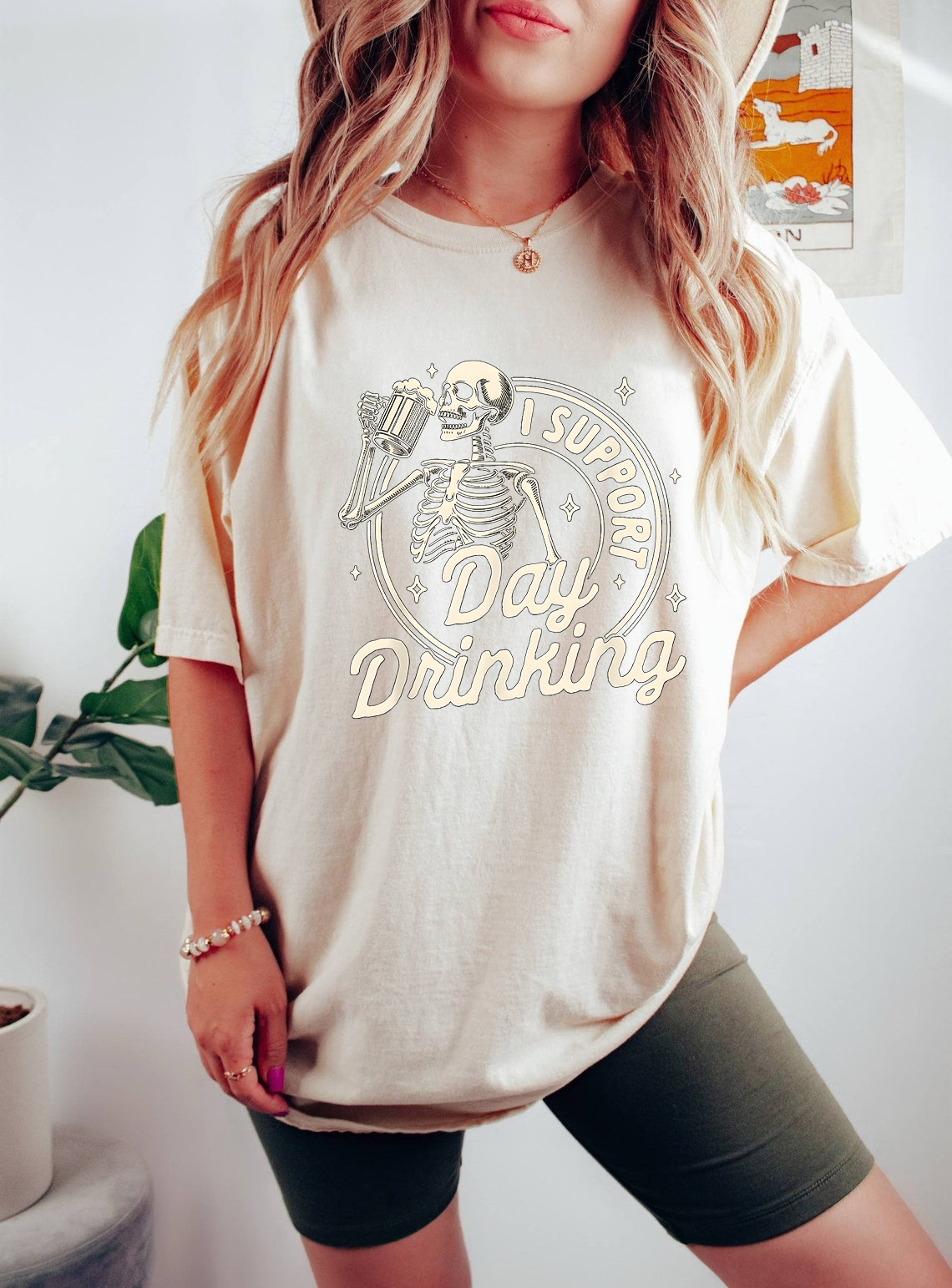 Funny Skeleton Drinking Shirt, I Support Day Drinking Tee, Beer Lover Graphic T-Shirt, Halloween Party Shirt, Casual Drinking Tee