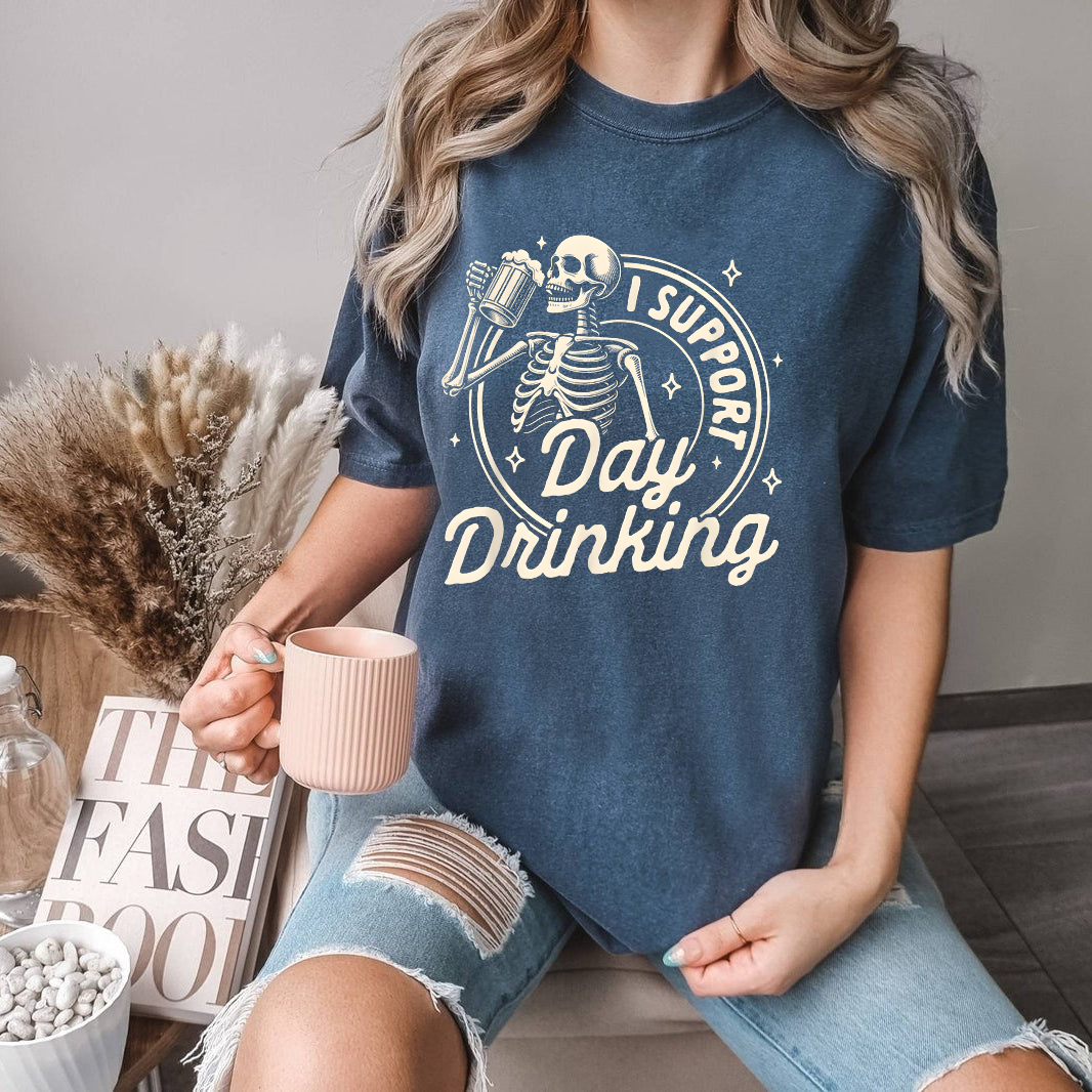 Funny Skeleton Drinking Shirt, I Support Day Drinking Tee, Beer Lover Graphic T-Shirt, Halloween Party Shirt, Casual Drinking Tee
