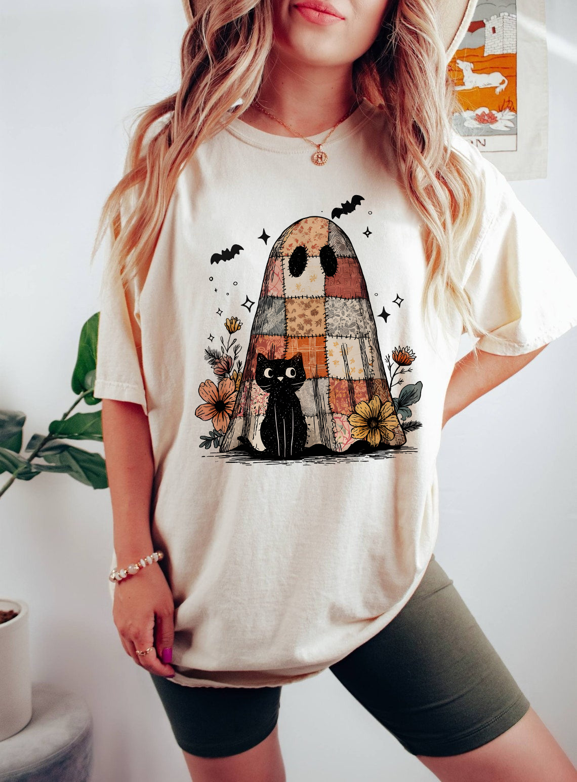 Retro Halloween Shirt, Patchwork Ghost and Cat Tee, Spooky Floral Halloween Shirt, Funny Fall Shirt, Black Cat Graphic Tee