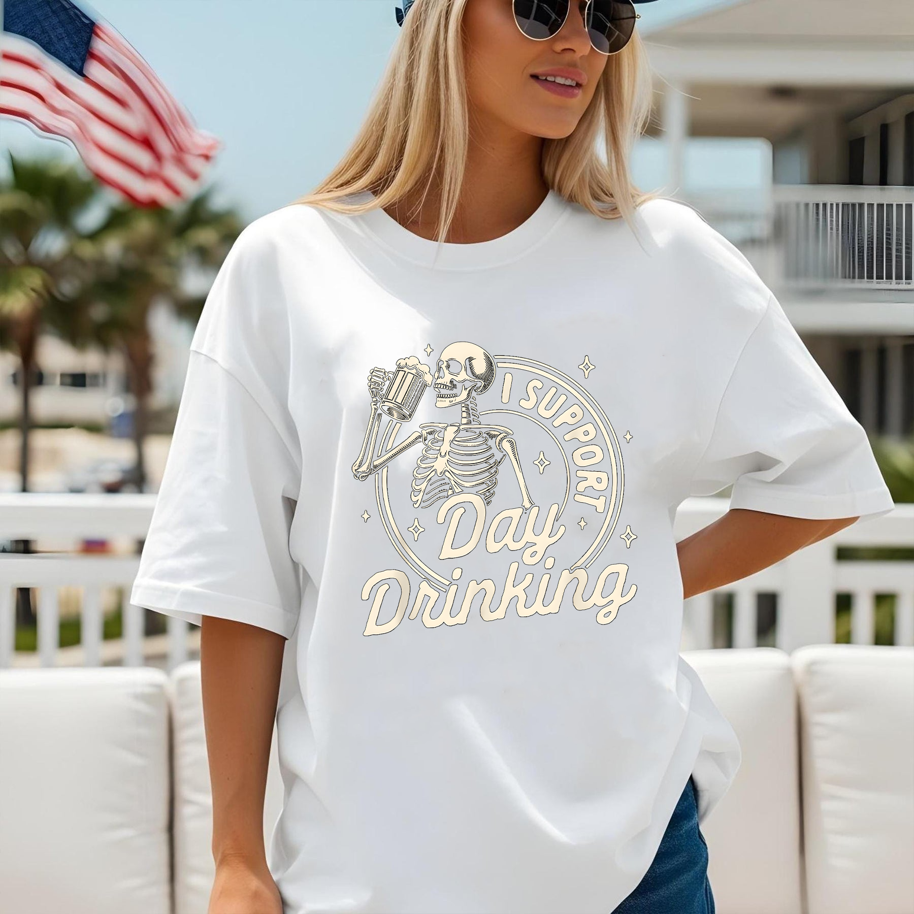 Funny Skeleton Drinking Shirt, I Support Day Drinking Tee, Beer Lover Graphic T-Shirt, Halloween Party Shirt, Casual Drinking Tee