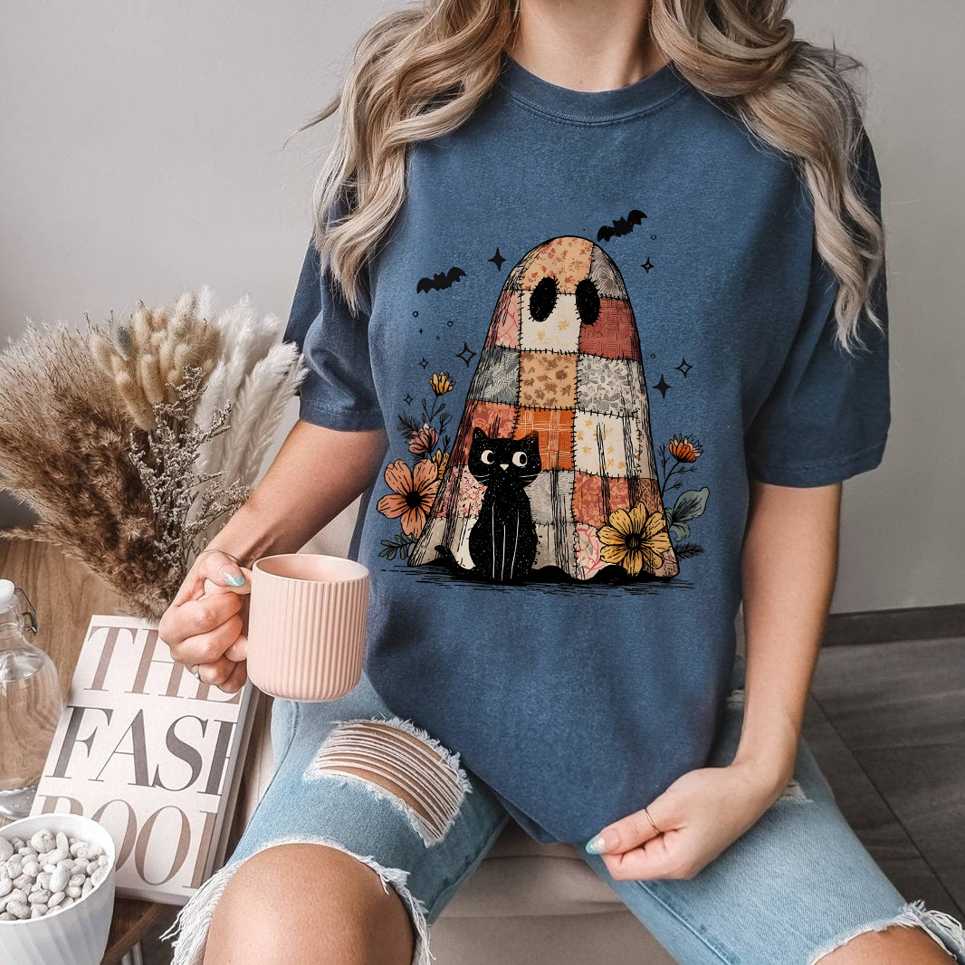 Retro Halloween Shirt, Patchwork Ghost and Cat Tee, Spooky Floral Halloween Shirt, Funny Fall Shirt, Black Cat Graphic Tee