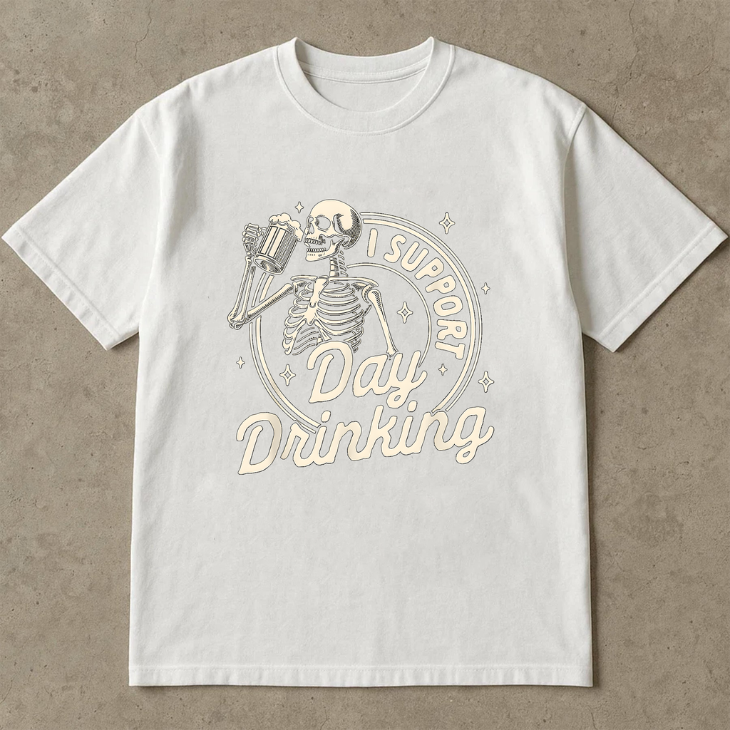Funny Skeleton Drinking Shirt, I Support Day Drinking Tee, Beer Lover Graphic T-Shirt, Halloween Party Shirt, Casual Drinking Tee