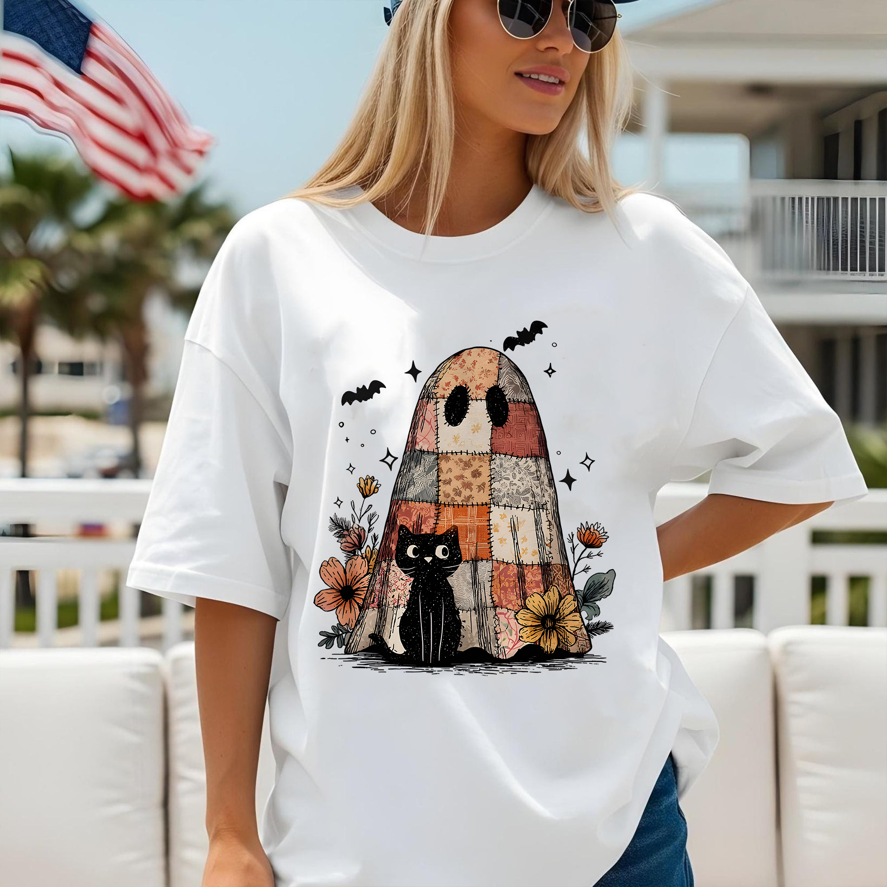Retro Halloween Shirt, Patchwork Ghost and Cat Tee, Spooky Floral Halloween Shirt, Funny Fall Shirt, Black Cat Graphic Tee