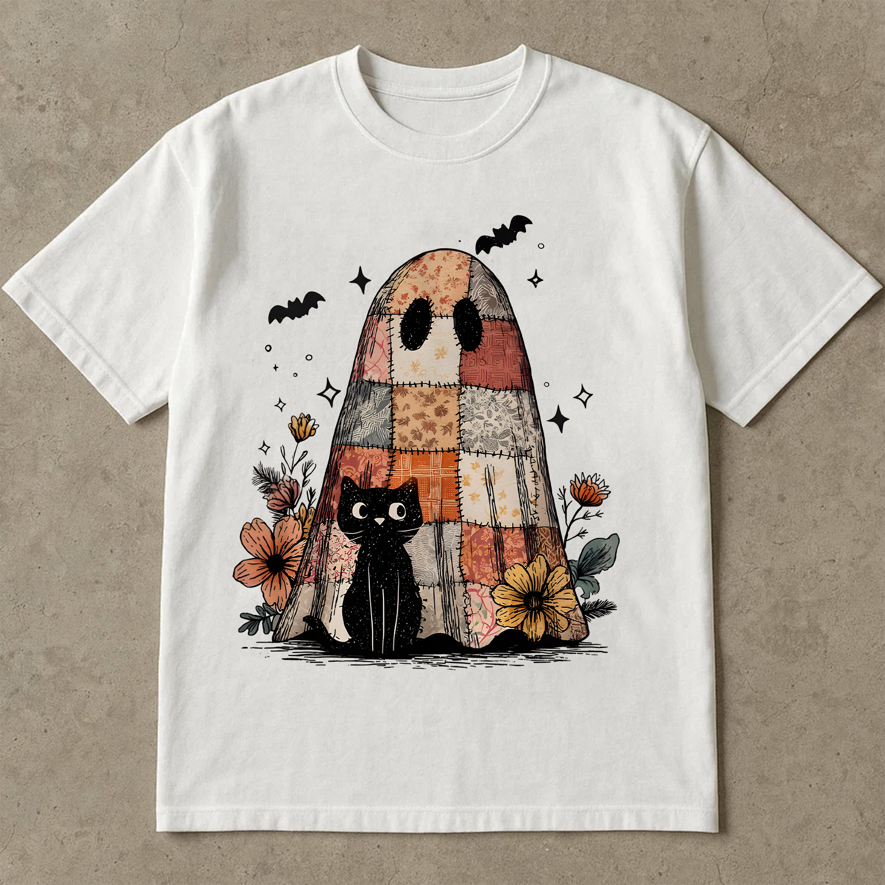 Retro Halloween Shirt, Patchwork Ghost and Cat Tee, Spooky Floral Halloween Shirt, Funny Fall Shirt, Black Cat Graphic Tee
