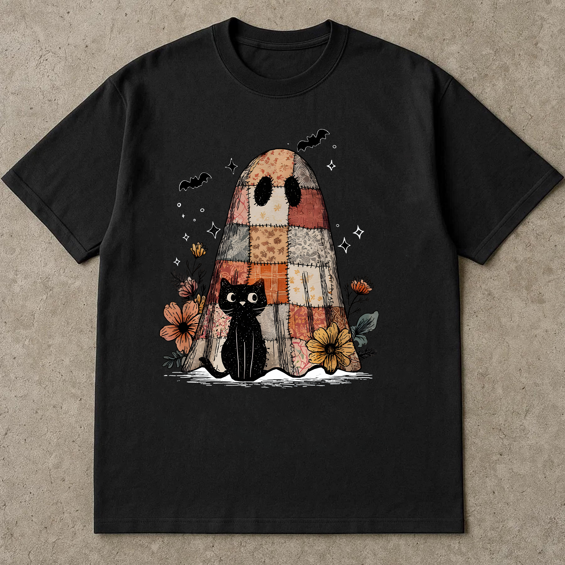 Retro Halloween Shirt, Patchwork Ghost and Cat Tee, Spooky Floral Halloween Shirt, Funny Fall Shirt, Black Cat Graphic Tee