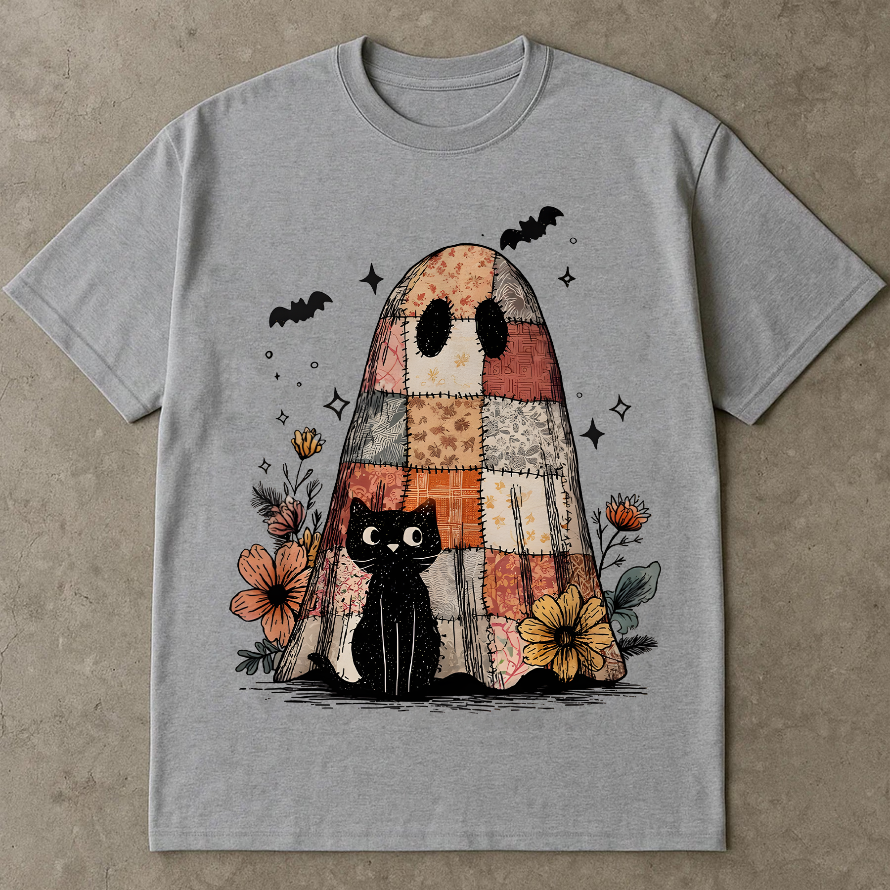 Retro Halloween Shirt, Patchwork Ghost and Cat Tee, Spooky Floral Halloween Shirt, Funny Fall Shirt, Black Cat Graphic Tee