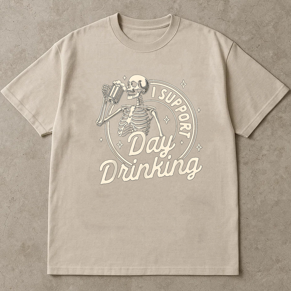 Funny Skeleton Drinking Shirt, I Support Day Drinking Tee, Beer Lover Graphic T-Shirt, Halloween Party Shirt, Casual Drinking Tee