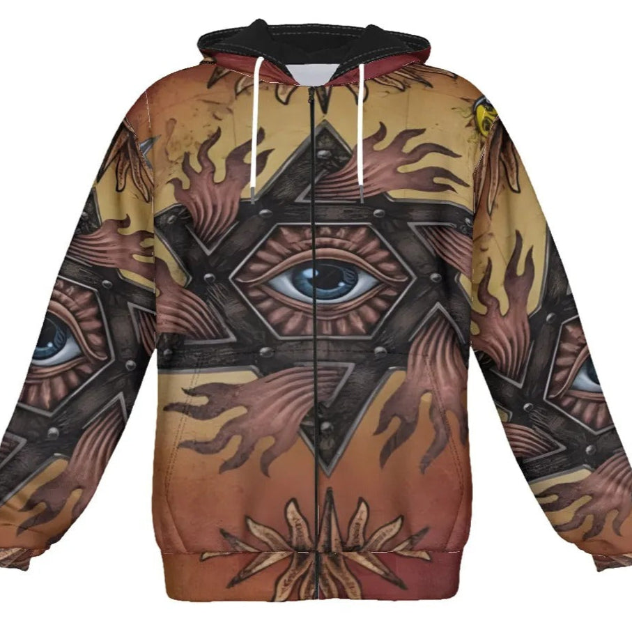 Mystic Eye Mandala Zip Hoodie, Sacred Geometry Full-Zip Sweatshirt, Esoteric Visionary Art Streetwear, Spiritual Psychedelic Jacket for Men & Women