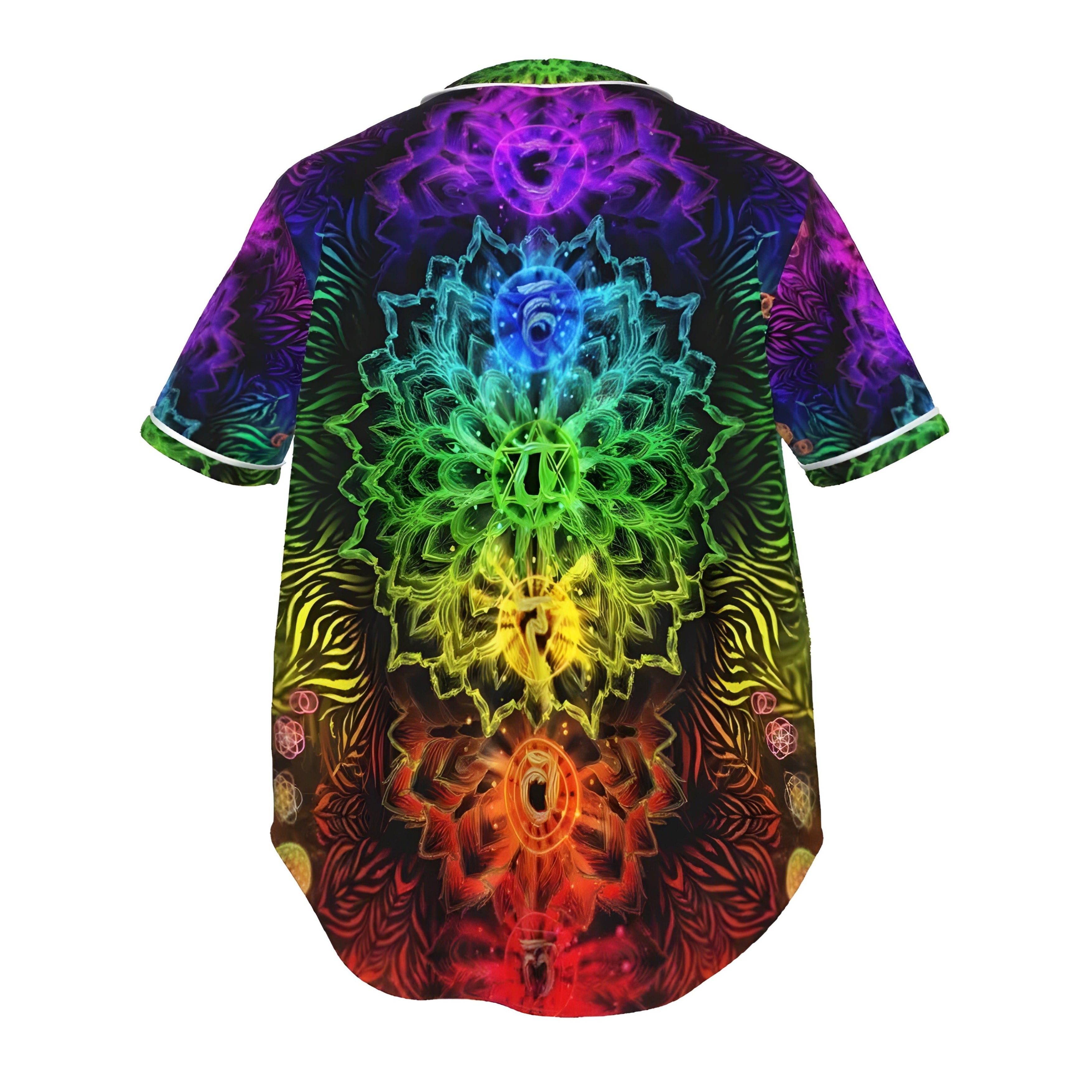 Sacred Chakras Baseball Shirt, Colorful Chakra Graphic Tee, Spiritual Festival Wear, Psychedelic Sportswear, Rainbow Shirt