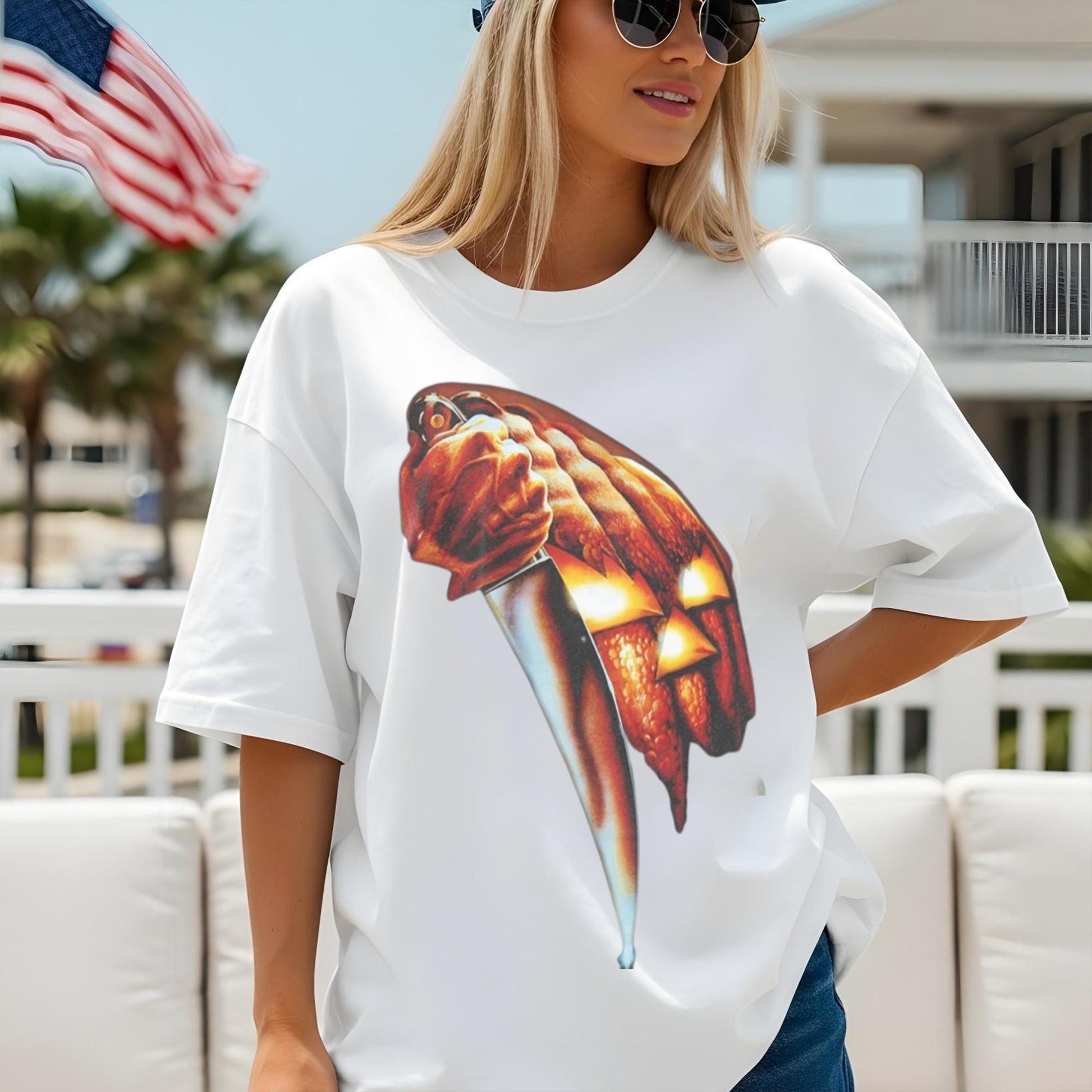 Halloween Pumpkin Knife T Shirt, Halloween Tee Shirt, Vintage Scary Jack O’ Lantern Shirt, Spooky Halloween Costume Ideas Top, Retro Horror Apparel