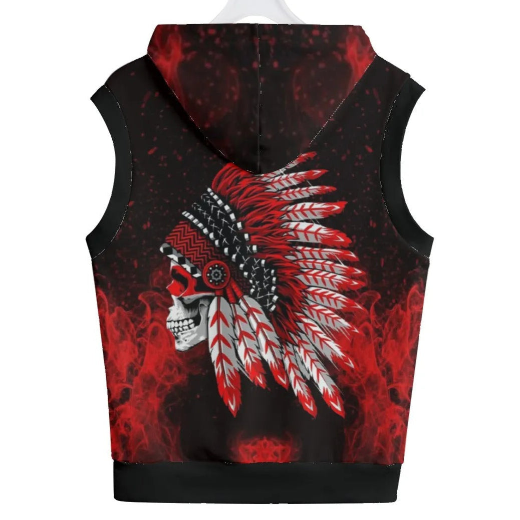 Native American Skull Sleeveless Hoodie, Red Feather Headdress Pullover, Tribal Gothic Muscle Hoodie, Red Smoke Graphic Top, Warrior Biker Style