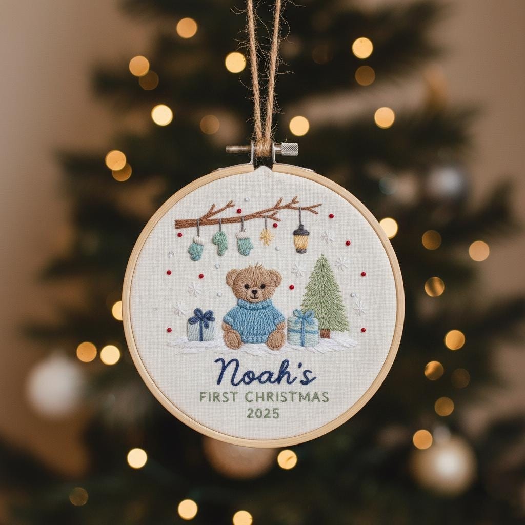 Custom Reindeer Baby's First Christmas Hand Embroidered Ornament, Personalized Unique Gift for New Baby, 2025 Christmas Gift, Holiday Decor