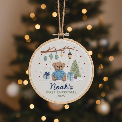 Custom Reindeer Baby's First Christmas Hand Embroidered Ornament, Personalized Unique Gift for New Baby, 2025 Christmas Gift, Holiday Decor