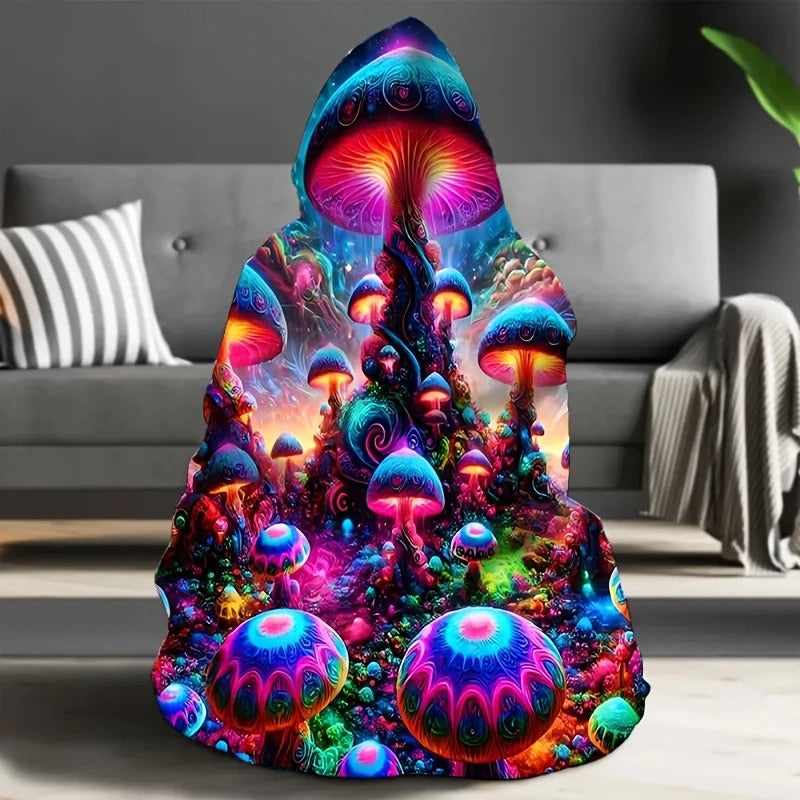 Mushroom Hooded Blanket, Psychedelic Neon Fungi Design, Cozy Vibrant Throw Blanket, Perfect Gift for Nature and Fantasy Lovers. BLKAC58