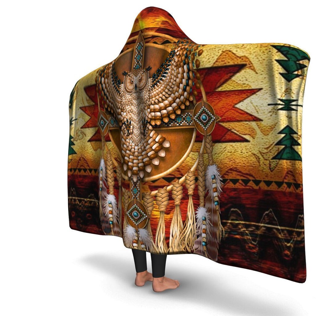 Native American Hooded Blanket with Tribal Owl Design, Warm Cozy Blanket with Feathers and Beads, Southwestern Style Throw, Perfect Gift. BLKAC46