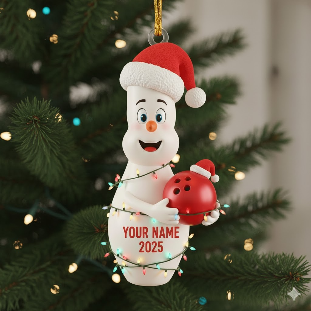Personalized Bowling Ornament 2025, Custom Name Christmas Decoration, Funny Santa Bowling Pin Gift for Players