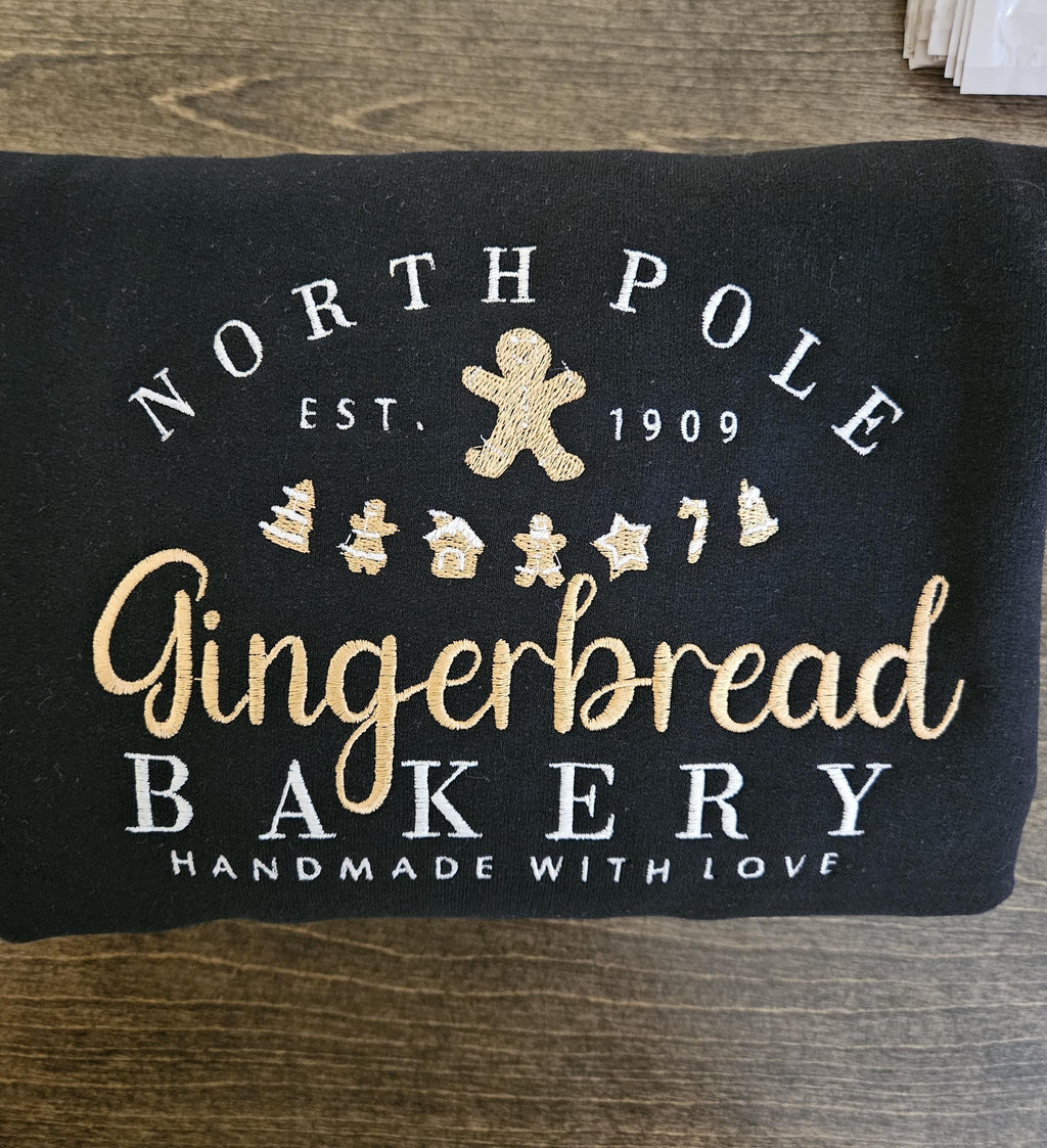 North Pole Gingerbread Bakery Embroidered Sweatshirt, Vintage Christmas Crewneck, Gingerbread Shirt, Cozy Holiday Sweater Gift EBAC53