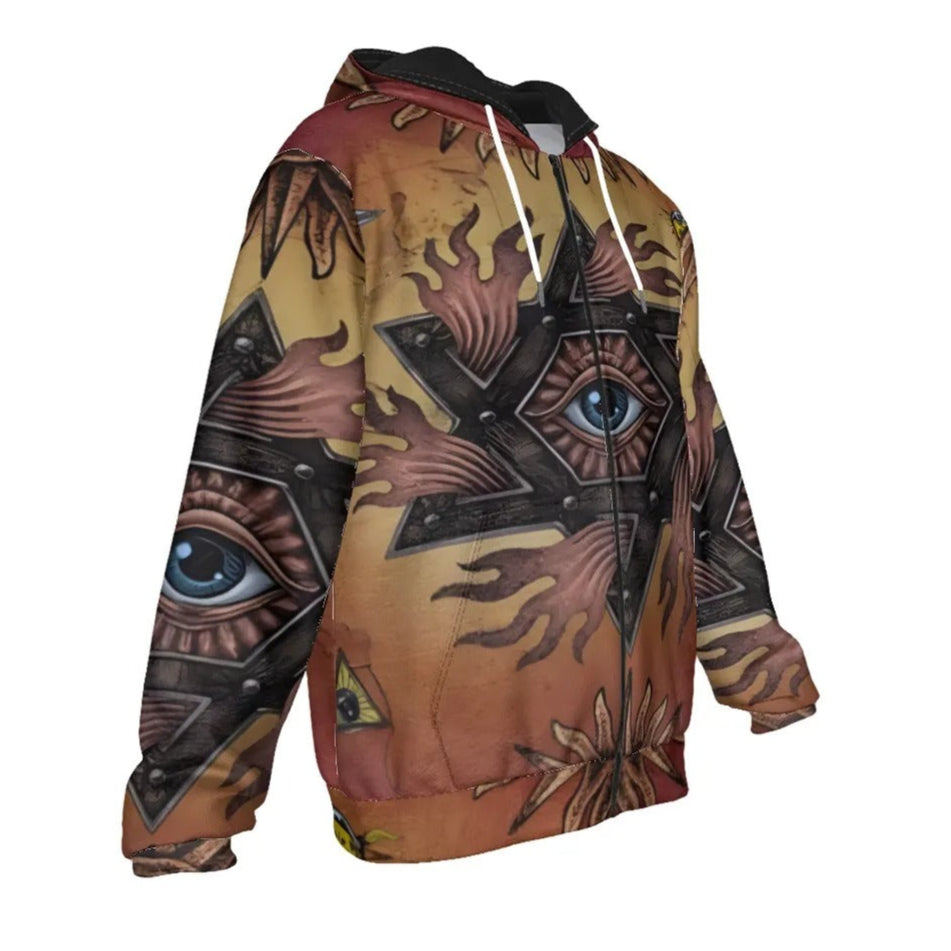 Mystic Eye Mandala Zip Hoodie, Sacred Geometry Full-Zip Sweatshirt, Esoteric Visionary Art Streetwear, Spiritual Psychedelic Jacket for Men & Women