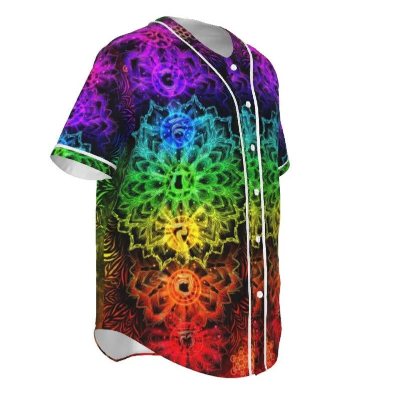 Sacred Chakras Baseball Shirt, Colorful Chakra Graphic Tee, Spiritual Festival Wear, Psychedelic Sportswear, Rainbow Shirt