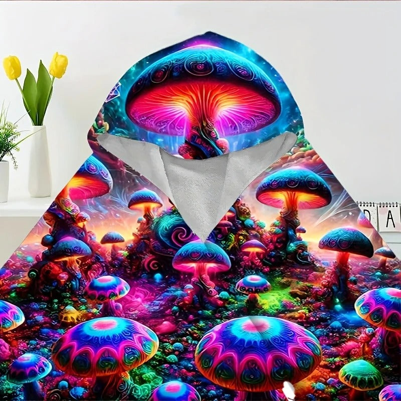 Mushroom Hooded Blanket, Psychedelic Neon Fungi Design, Cozy Vibrant Throw Blanket, Perfect Gift for Nature and Fantasy Lovers. BLKAC58