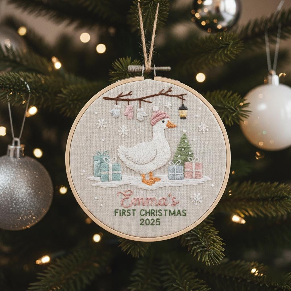 Custom Reindeer Baby's First Christmas Hand Embroidered Ornament, Personalized Unique Gift for New Baby, 2025 Christmas Gift, Holiday Decor