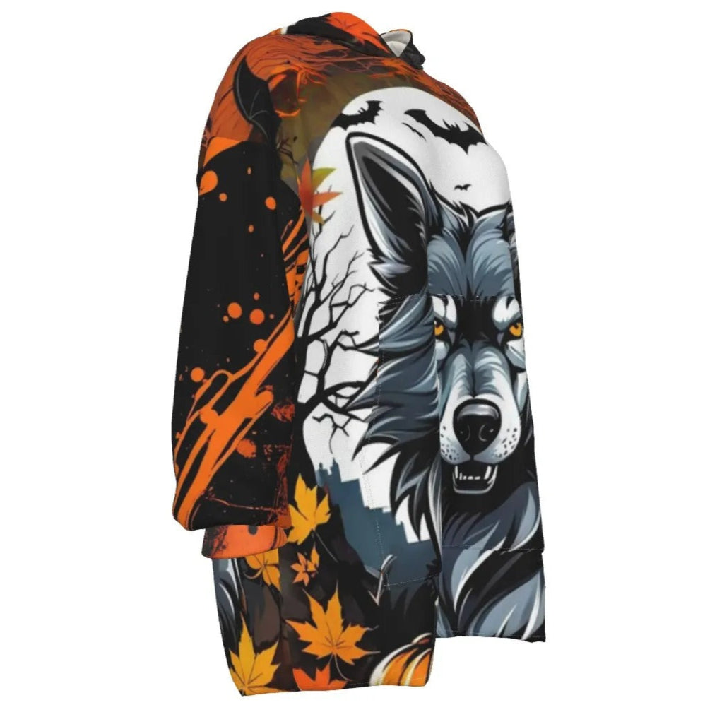 Howling Halloween Costumes Night Wolf Sherpa Fleece Hoodie, Spooky Pumpkin Bat Cozy Essentials Hoodie, Gothic Halloween Warm Wear, Halloween Horror Nights