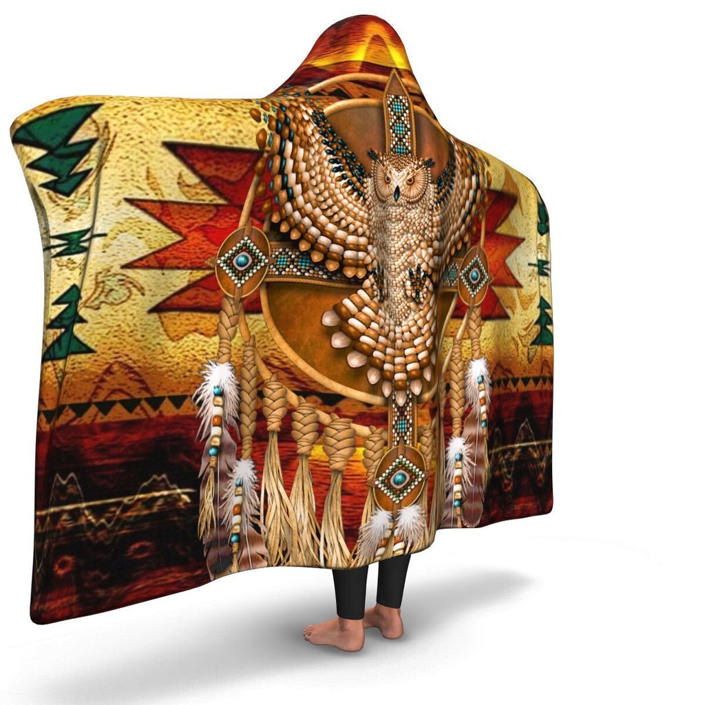 Native American Hooded Blanket with Tribal Owl Design, Warm Cozy Blanket with Feathers and Beads, Southwestern Style Throw, Perfect Gift. BLKAC46