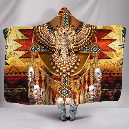 Native American Hooded Blanket with Tribal Owl Design, Warm Cozy Blanket with Feathers and Beads, Southwestern Style Throw, Perfect Gift. BLKAC46