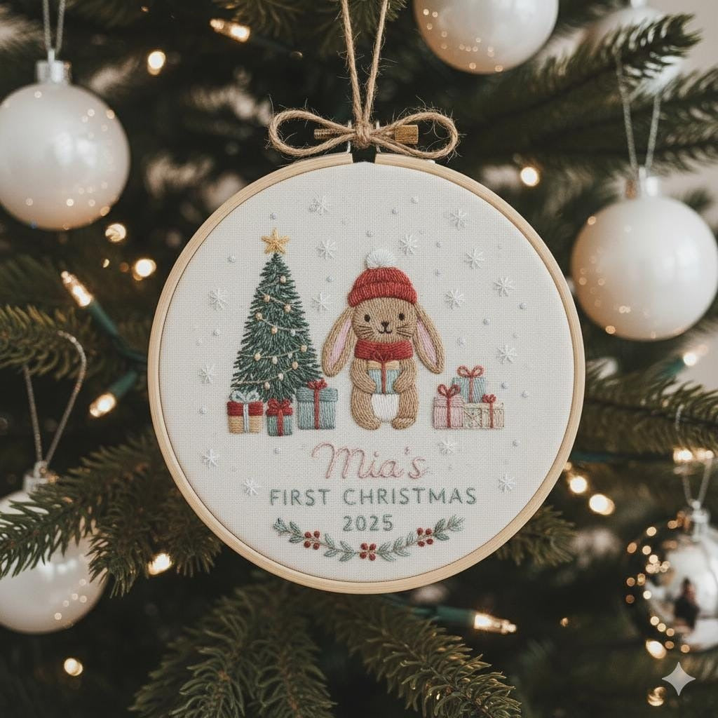Custom Reindeer Baby's First Christmas Hand Embroidered Ornament, Personalized Unique Gift for New Baby, 2025 Christmas Gift, Holiday Decor