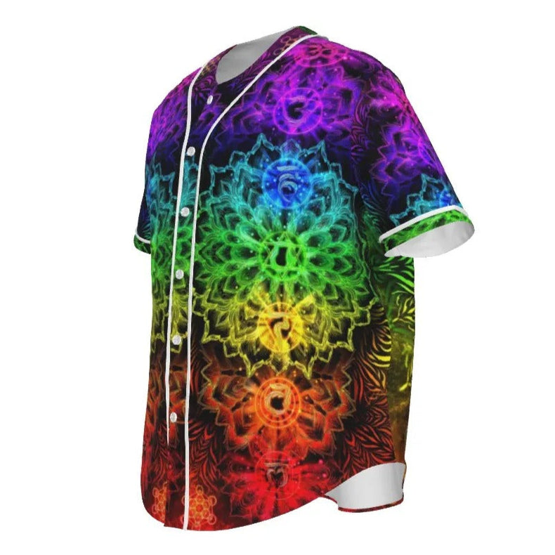 Sacred Chakras Baseball Shirt, Colorful Chakra Graphic Tee, Spiritual Festival Wear, Psychedelic Sportswear, Rainbow Shirt