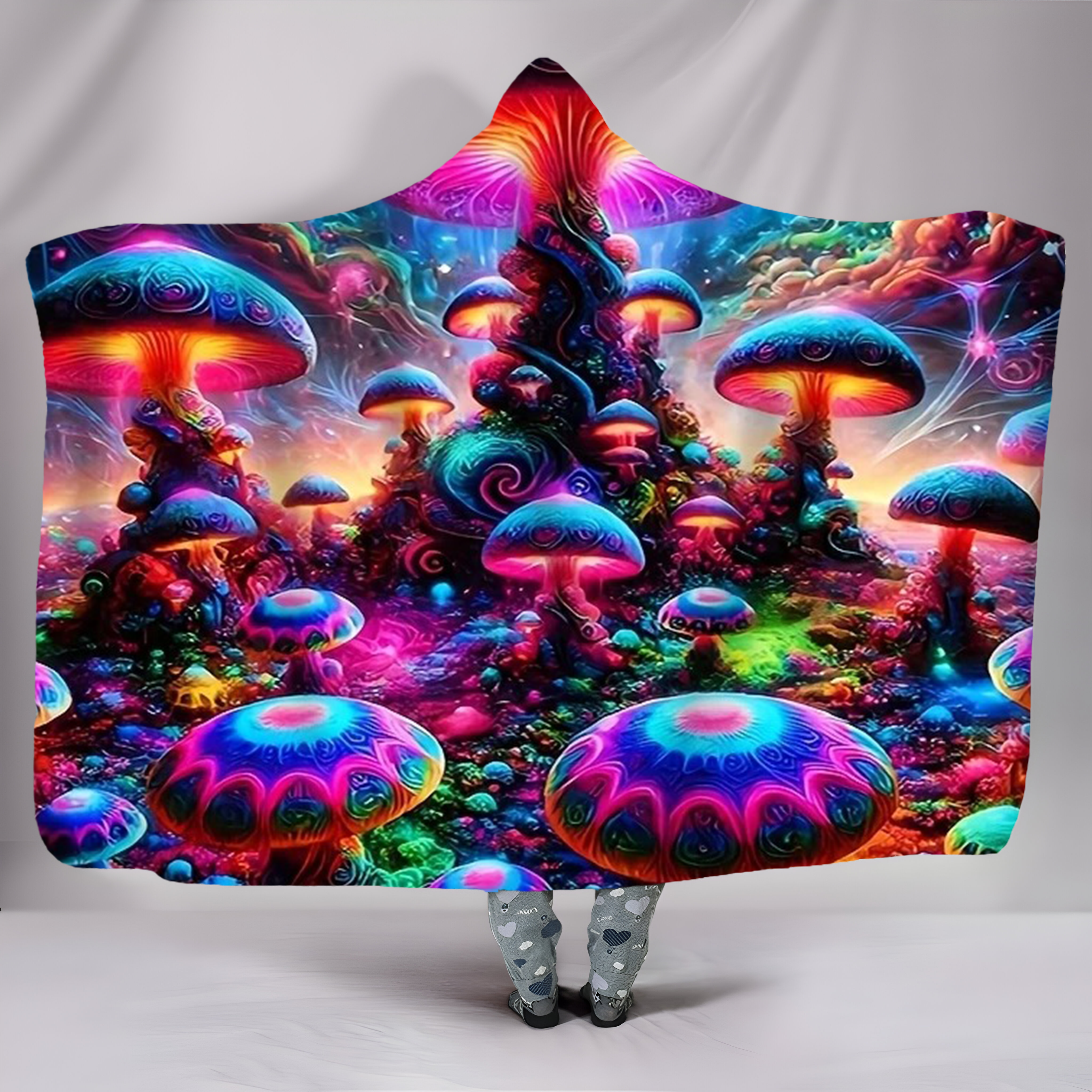 Mushroom Hooded Blanket, Psychedelic Neon Fungi Design, Cozy Vibrant Throw Blanket, Perfect Gift for Nature and Fantasy Lovers. BLKAC58