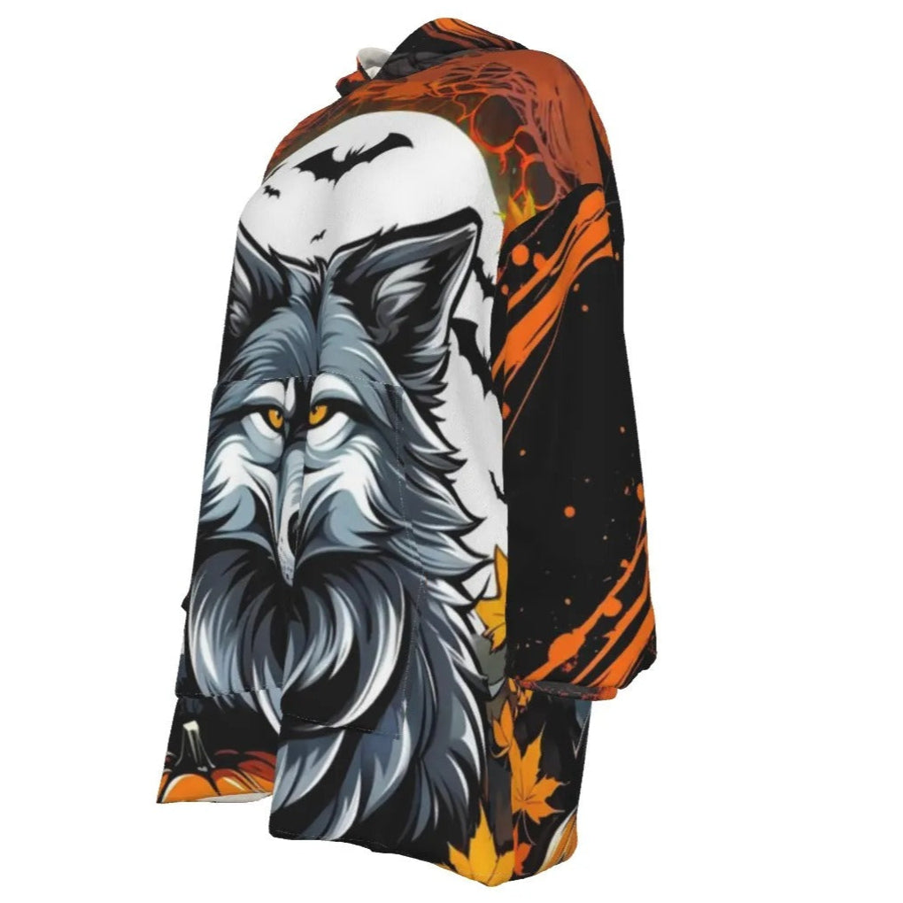 Howling Halloween Costumes Night Wolf Sherpa Fleece Hoodie, Spooky Pumpkin Bat Cozy Essentials Hoodie, Gothic Halloween Warm Wear, Halloween Horror Nights