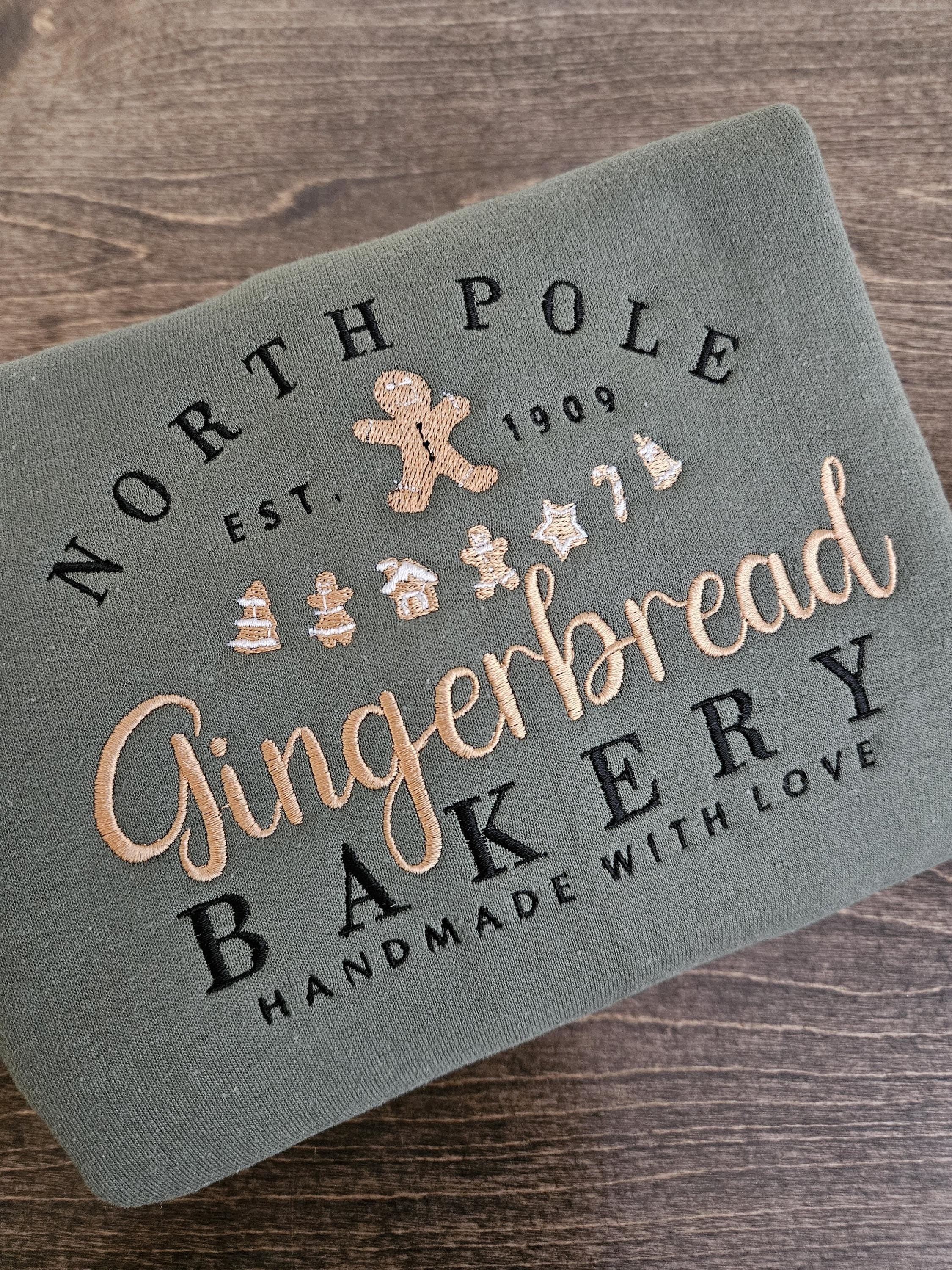 North Pole Gingerbread Bakery Embroidered Sweatshirt, Vintage Christmas Crewneck, Gingerbread Shirt, Cozy Holiday Sweater Gift EBAC53