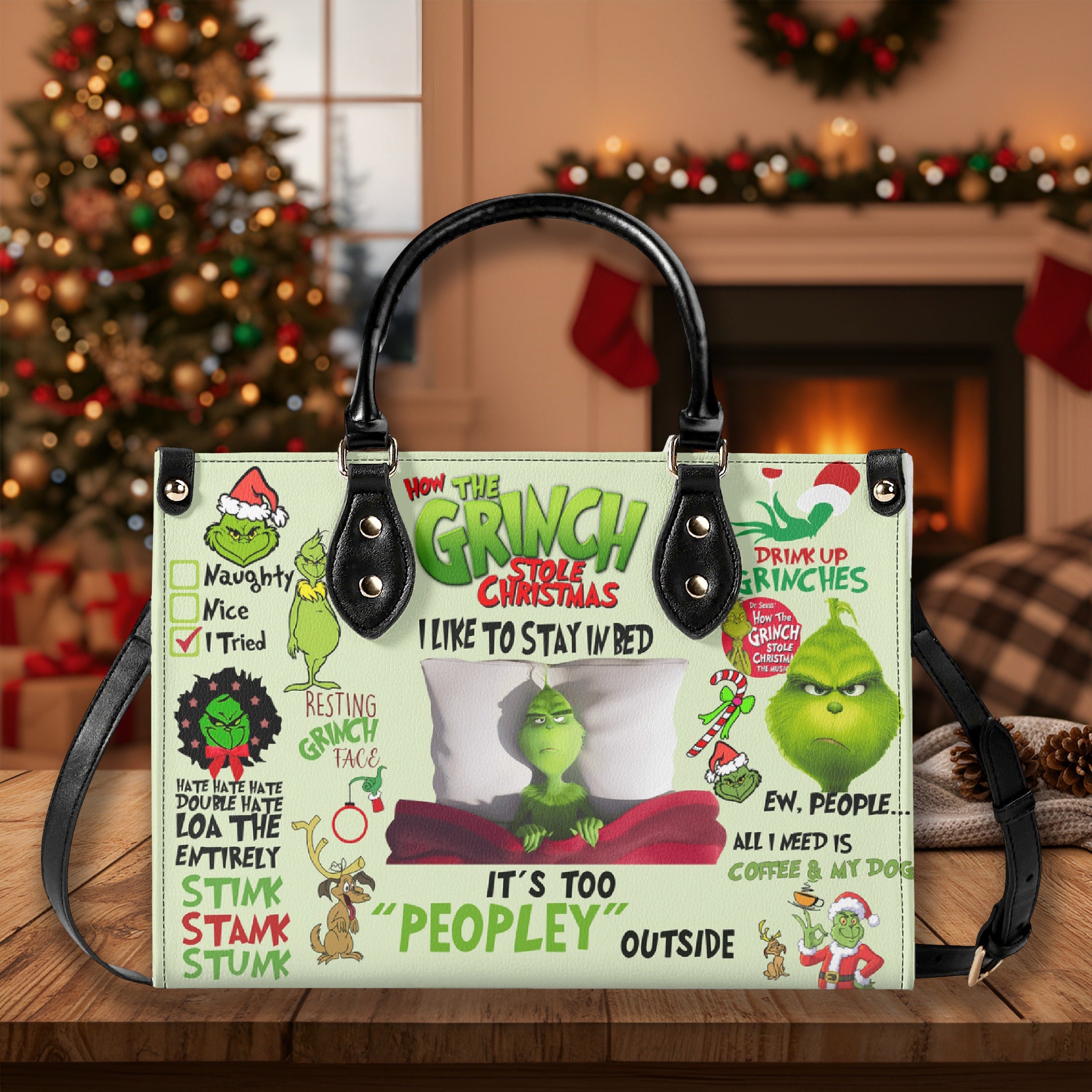 Funny Christmas Slogan Handbag, Festive Character Purse, Cute Winter Tote Bag, Holiday Party Gift