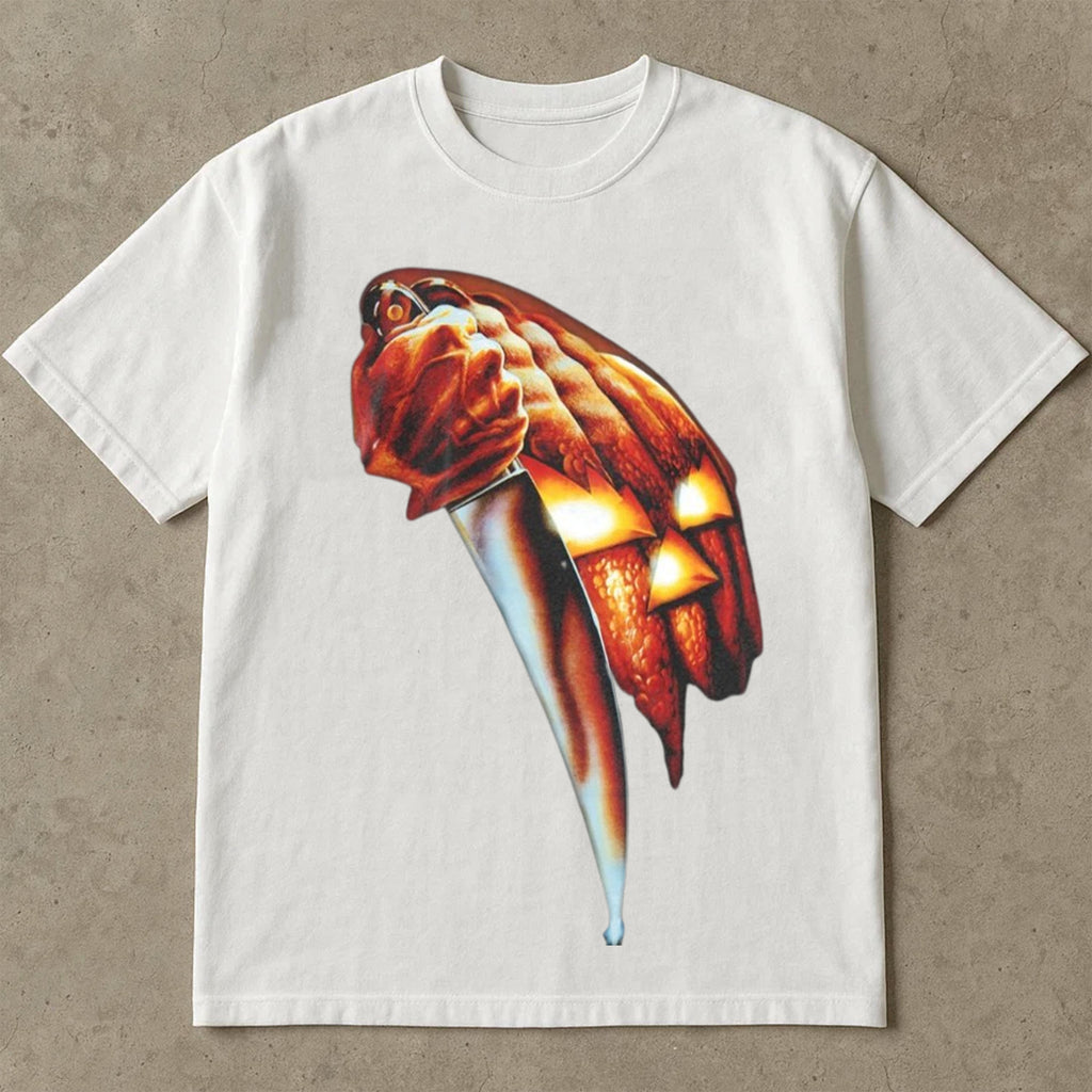 Halloween Pumpkin Knife T Shirt, Halloween Tee Shirt, Vintage Scary Jack O’ Lantern Shirt, Spooky Halloween Costume Ideas Top, Retro Horror Apparel